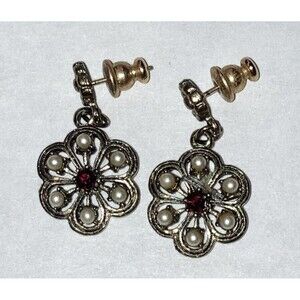 Vintage Flower Red Rhinestone Faux Pearl Dangle Earrings 14k Gold Filled Post